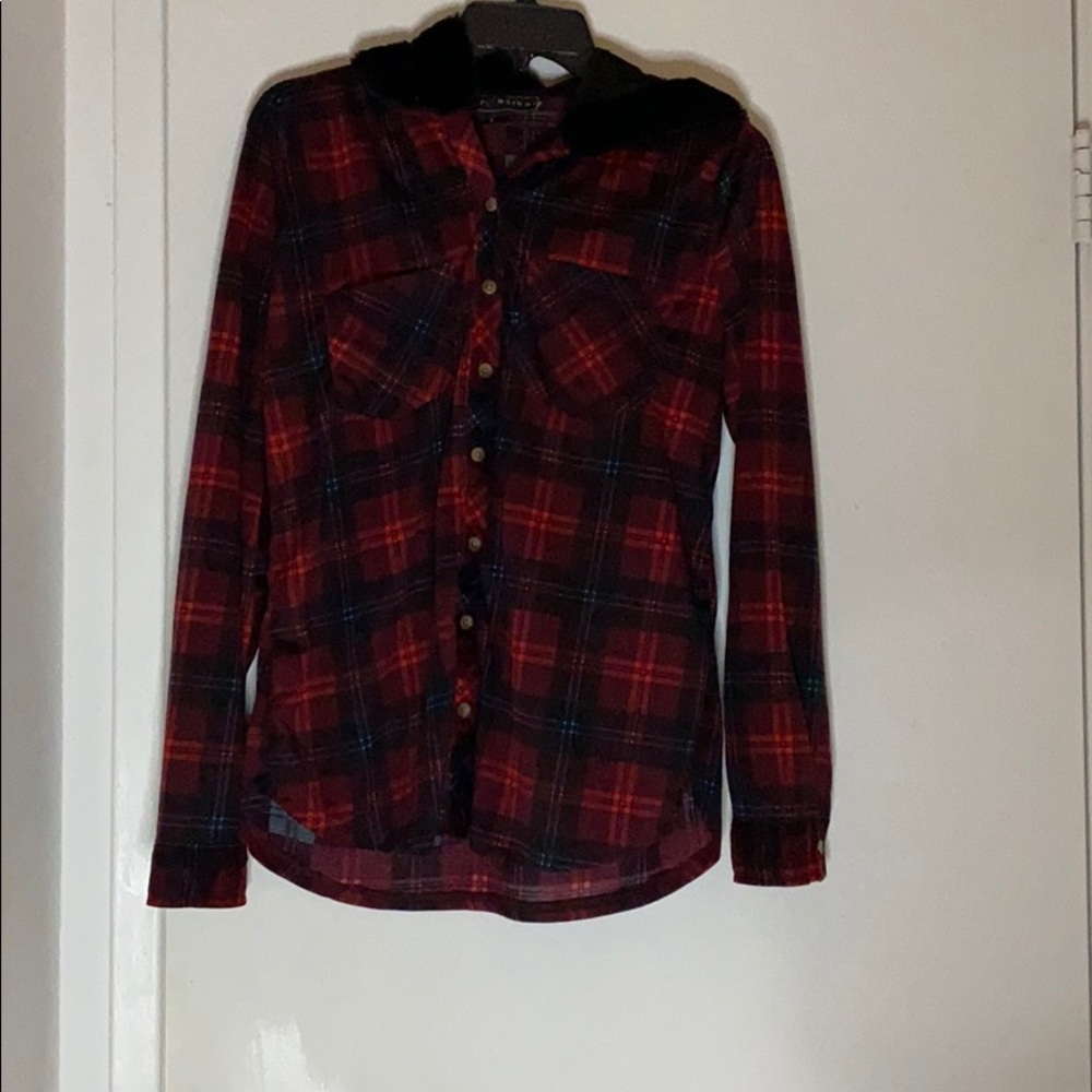 Flannel sweater with puffy hoodie.